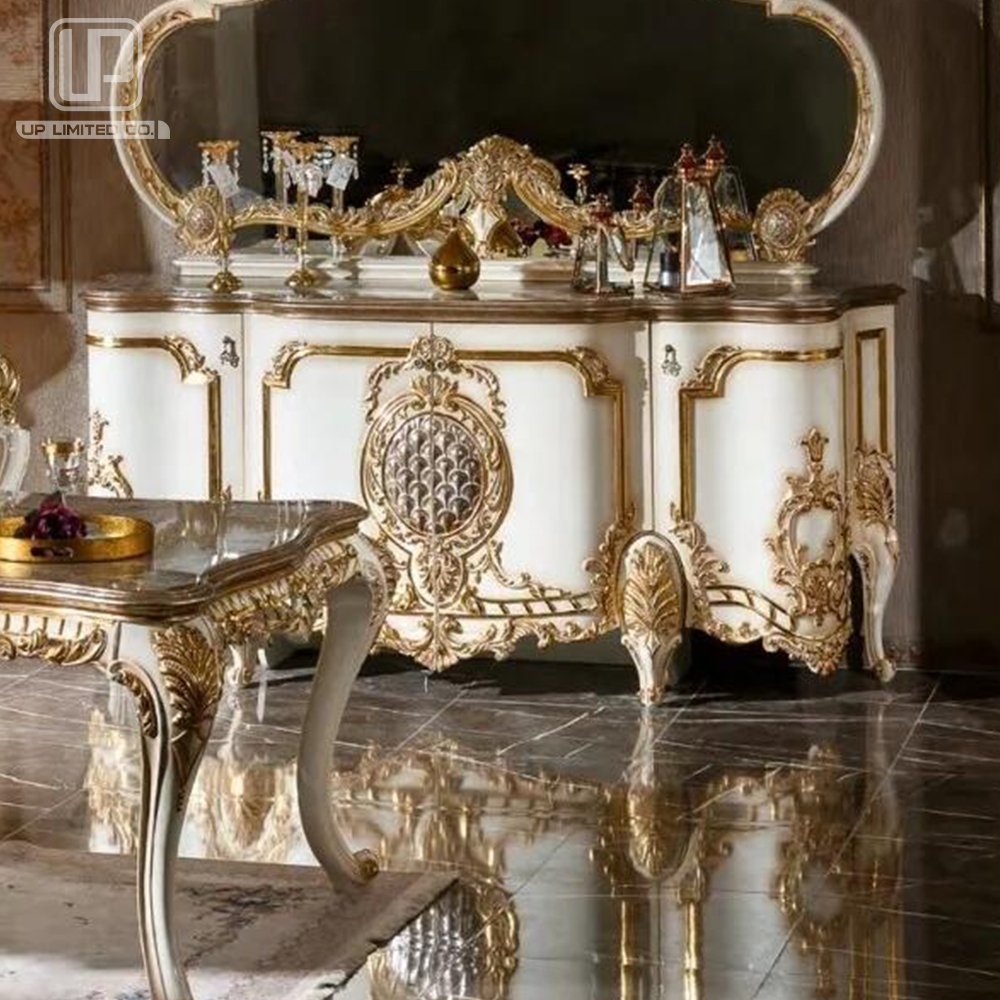 100% Hand Carving High Quality Dining Room Furniture Set Royal Dining Table With Royal Buffet Cabinet
