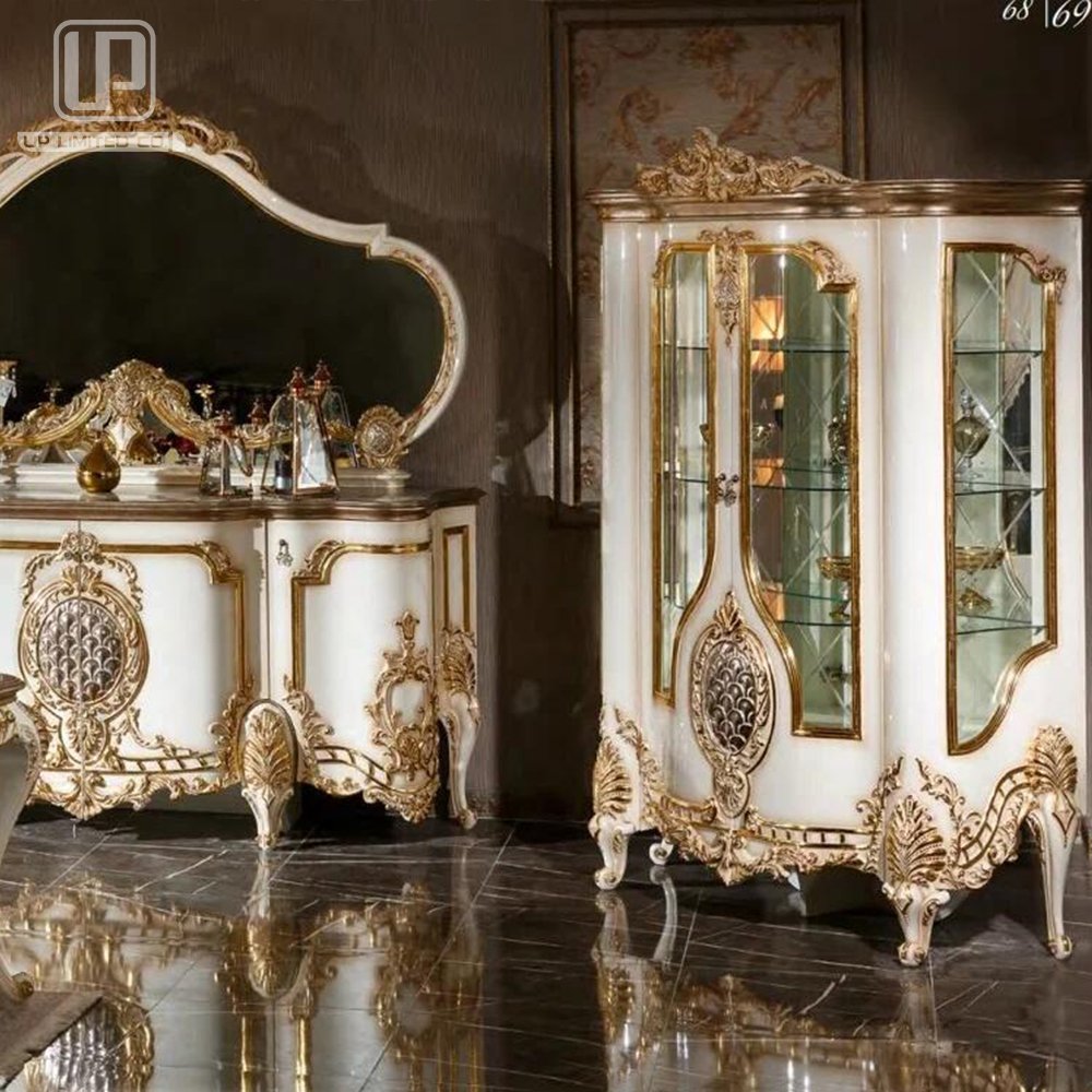 100% Hand Carving High Quality Dining Room Furniture Set Royal Dining Table With Royal Buffet Cabinet