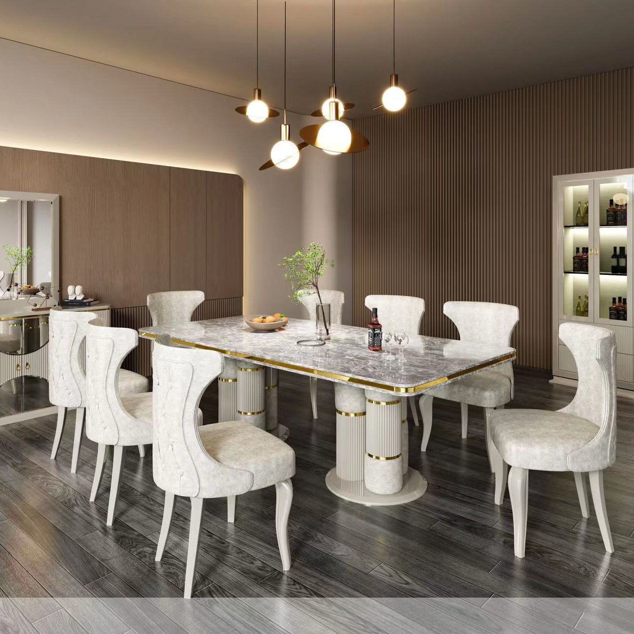 Dining Table Chair Set High Glossy Elegant Luxury Home Use Square Large Size Cabinet Bufft With Mirror Set