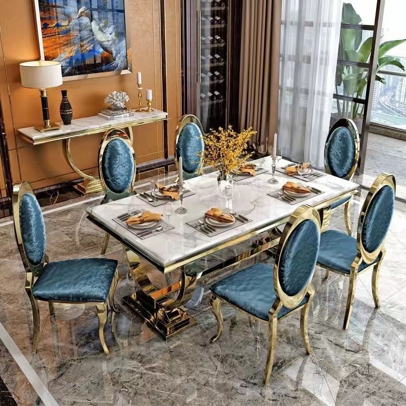 2024 Hot Home Furniture Luxury Dining Table Designs Stainless Steel Base Marble Dining Table