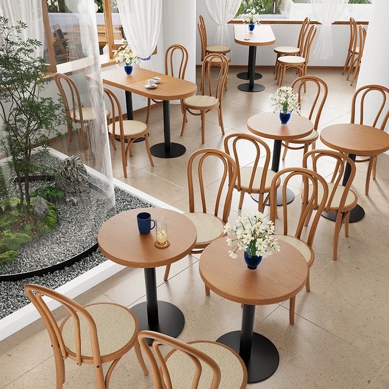 Cafe milk tea dessert shop table chair Japanese solid wood dining chairs semi-circular square dining table customization