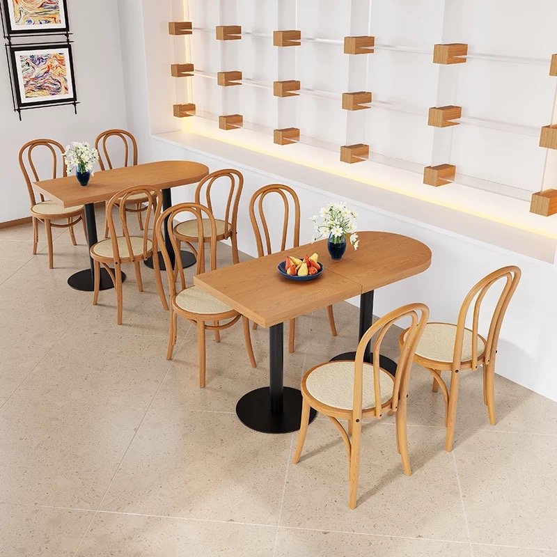 Cafe milk tea dessert shop table chair Japanese solid wood dining chairs semi-circular square dining table customization