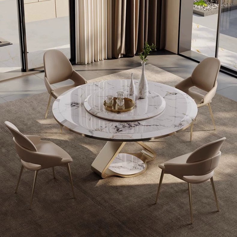 Light Dining Table Round Table Microcrystalline Stone Marble with Turntable Modern Italian Luxury Home Furniture Metal Rock Slab