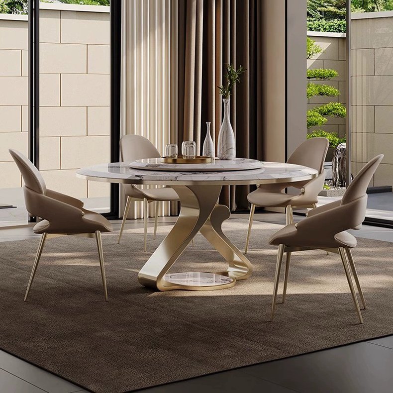 Light Dining Table Round Table Microcrystalline Stone Marble with Turntable Modern Italian Luxury Home Furniture Metal Rock Slab