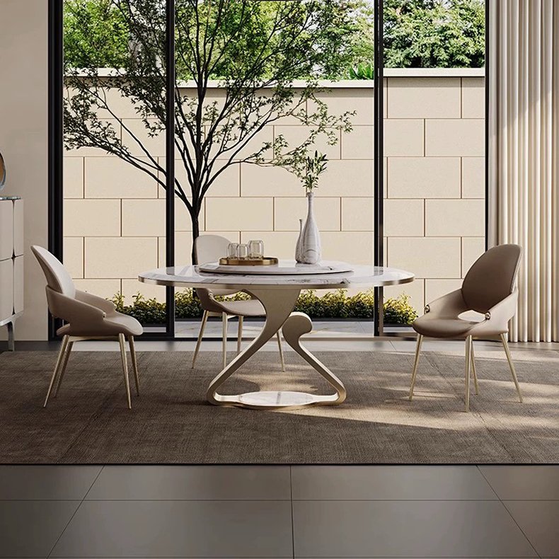 Light Dining Table Round Table Microcrystalline Stone Marble with Turntable Modern Italian Luxury Home Furniture Metal Rock Slab