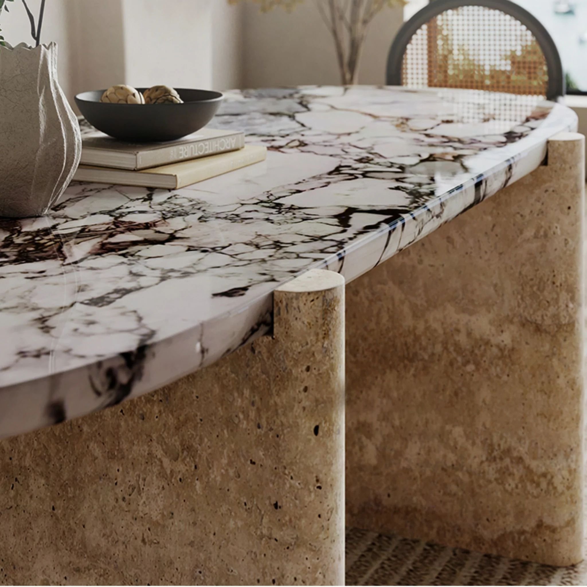 SHIHUI Customized New Style Luxury Marble Dining Room Furniture Table Set Modern Natural Oval Marble Travertine Dining Table Set