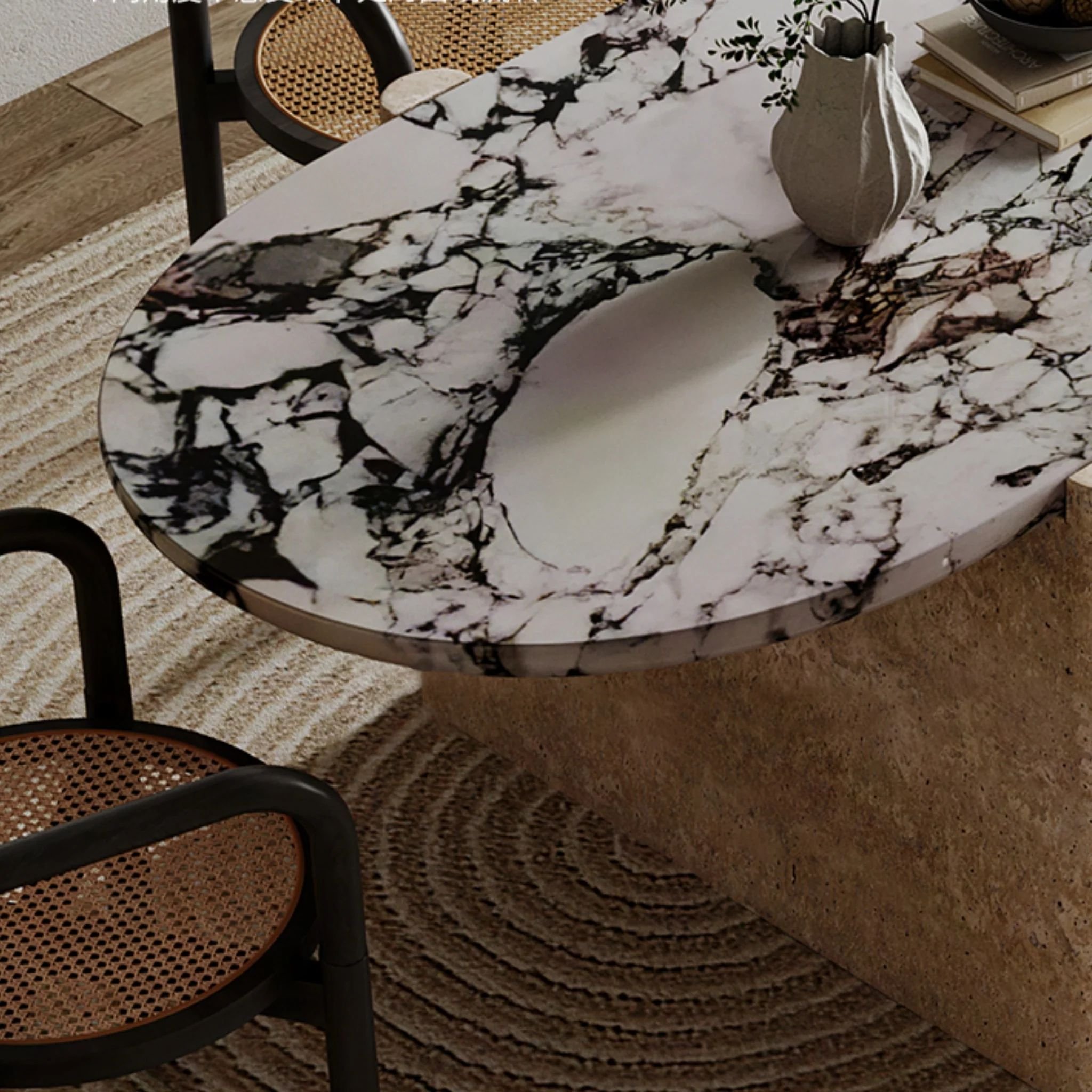 SHIHUI Customized New Style Luxury Marble Dining Room Furniture Table Set Modern Natural Oval Marble Travertine Dining Table Set