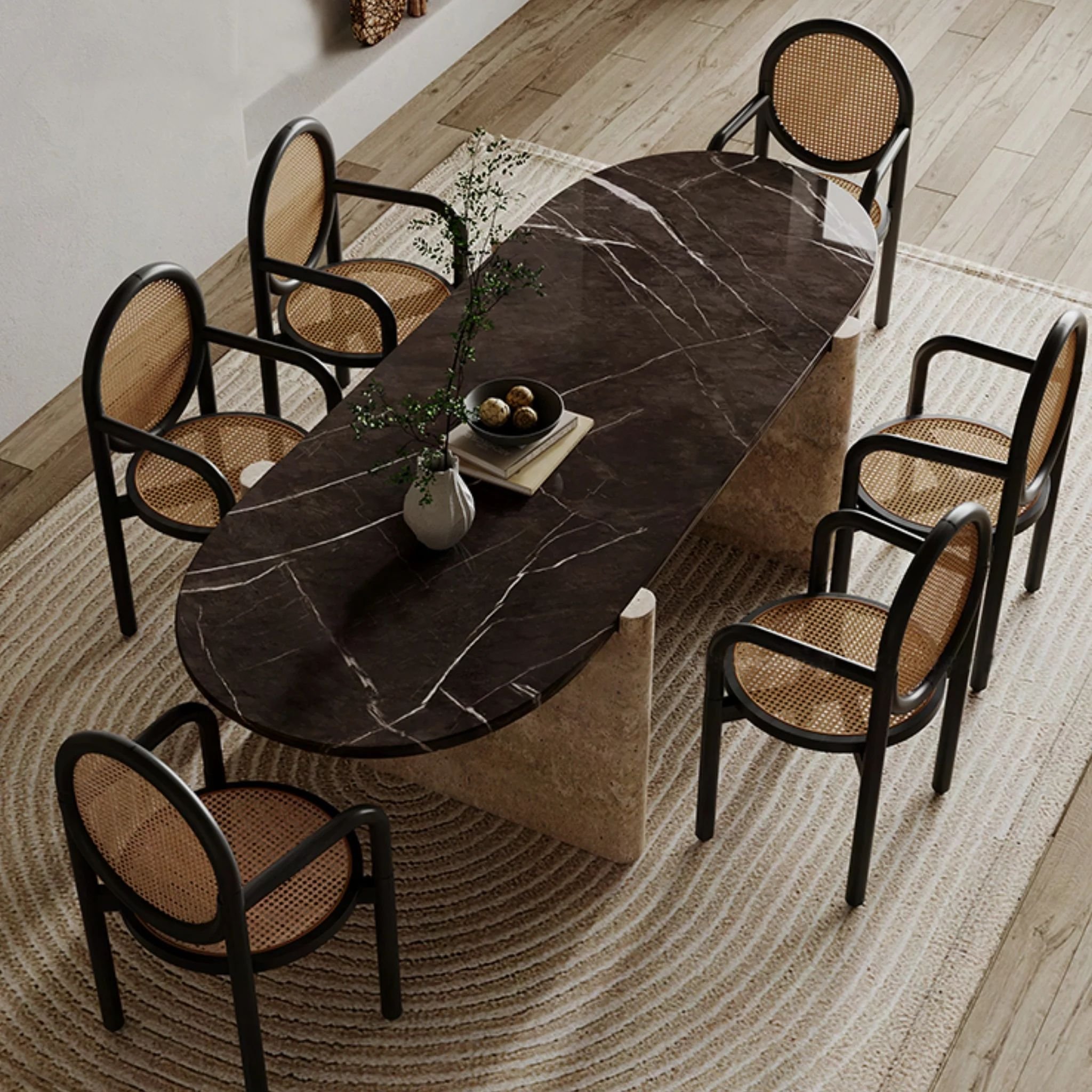 SHIHUI Customized New Style Luxury Marble Dining Room Furniture Table Set Modern Natural Oval Marble Travertine Dining Table Set