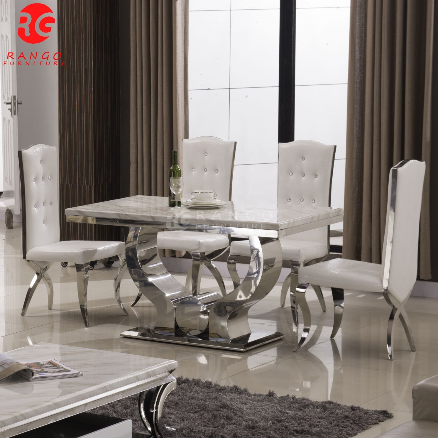 Foshan factory Dining table set modern design luxury 8 seater glass marble top dining table