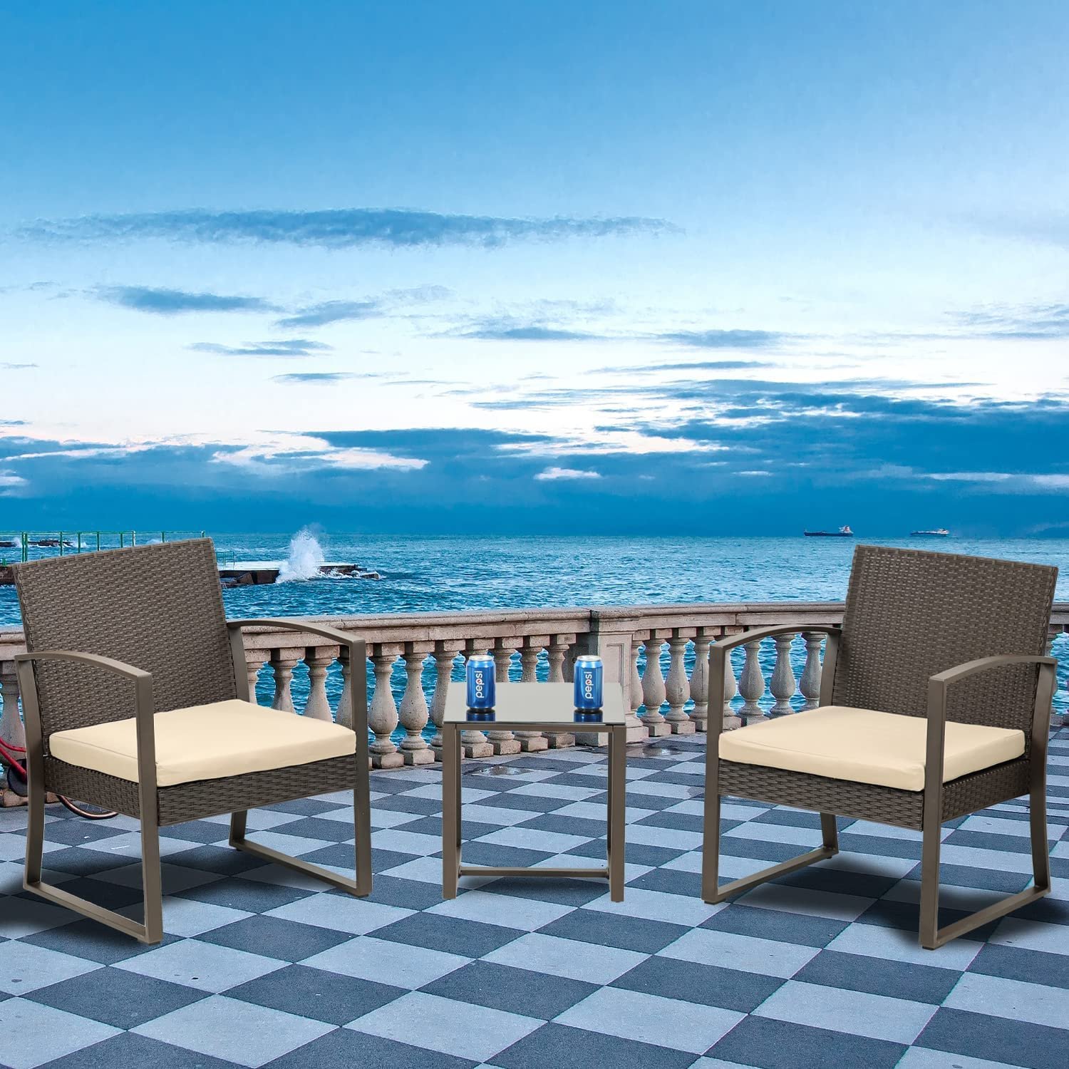 Hot Sell 3 Pcs Patio Outdoor Wicker Rattan PE Plastic Garden Lounge Sofa Set Table and Chairs