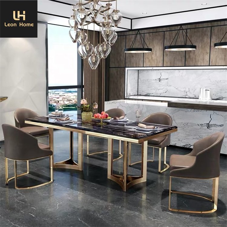 Wholesale artificial marble top and stainless steel luxury kitchen dining room dining tables with chairs 6 seater