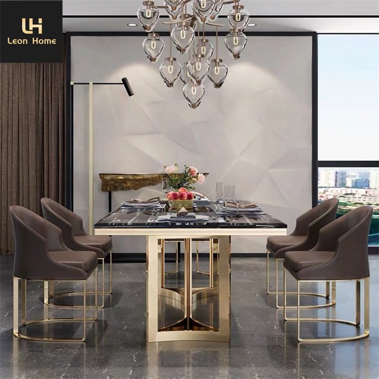 Wholesale artificial marble top and stainless steel luxury kitchen dining room dining tables with chairs 6 seater