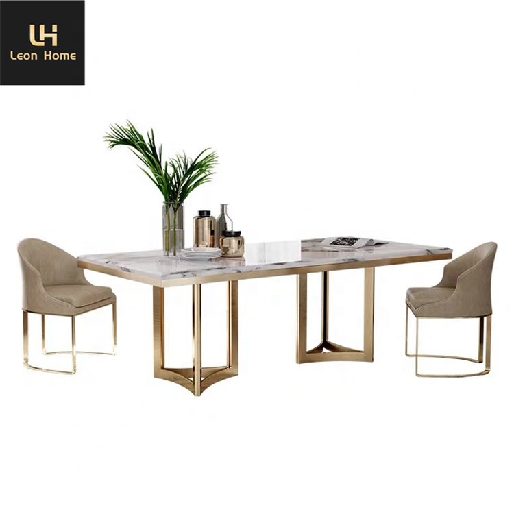 Wholesale artificial marble top and stainless steel luxury kitchen dining room dining tables with chairs 6 seater