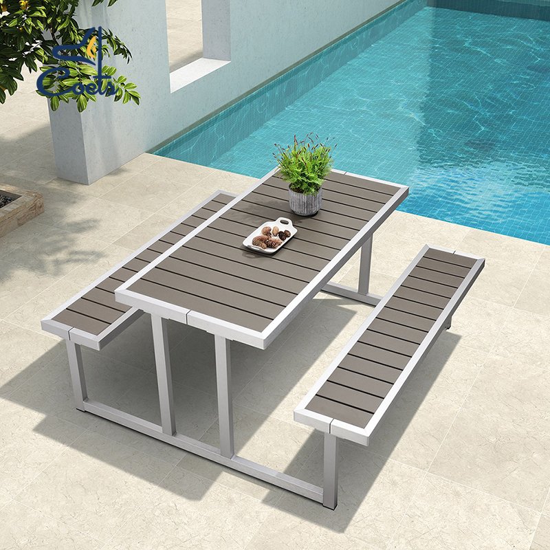 Resort Hotel restaurant Outdoor garden dining furniture/patio plastic wood dining table and chair set Outdoor furniture