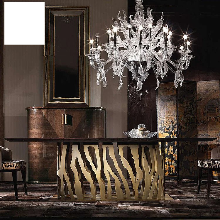 Kf Casa Modern Large Royal 4 Seater Chairs Dining Table Set With Marble Top Metal Base Luxury Dining Table
