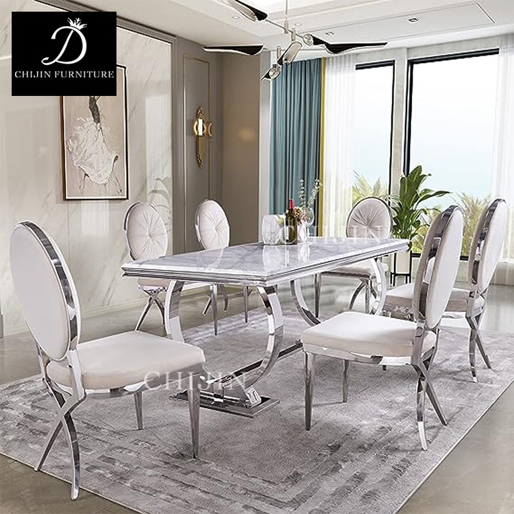 Modern Luxury Dining Table Set 8 Seater Furniture Stainless Steel Base Marble Dining Table Furniture