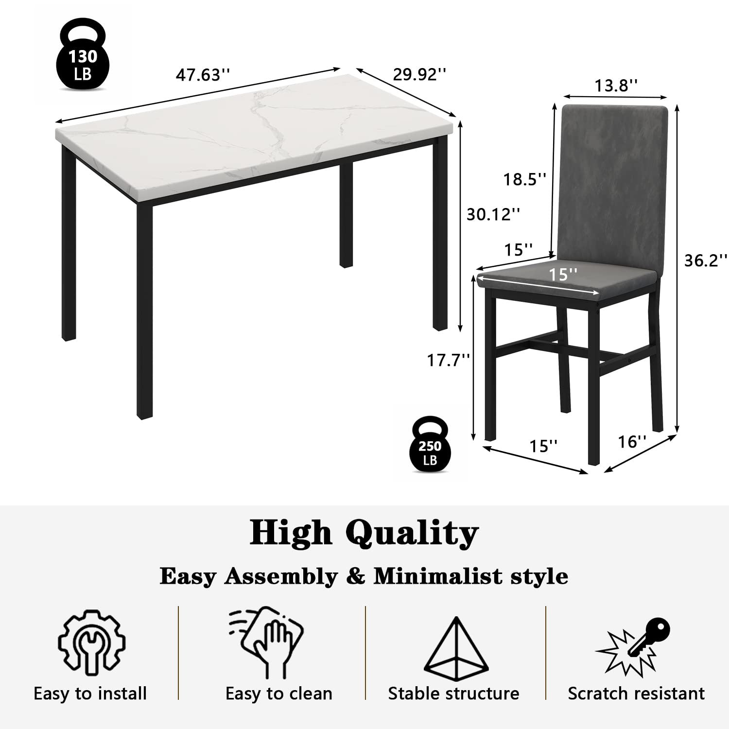 Dining Table Set for 4, 5-Piece Marble Patten Dining TableSet with 4 Faux Leather Metal Frame Chairs for Kitchen
