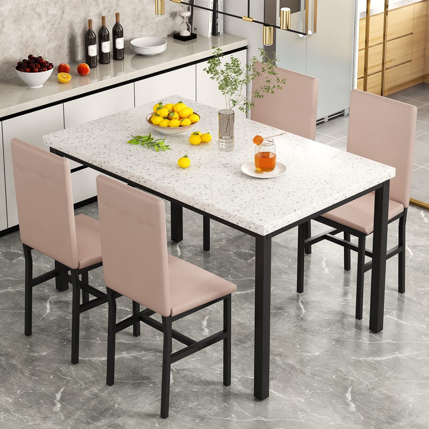 Dining Table Set for 4, 5-Piece Marble Patten Dining TableSet with 4 Faux Leather Metal Frame Chairs for Kitchen