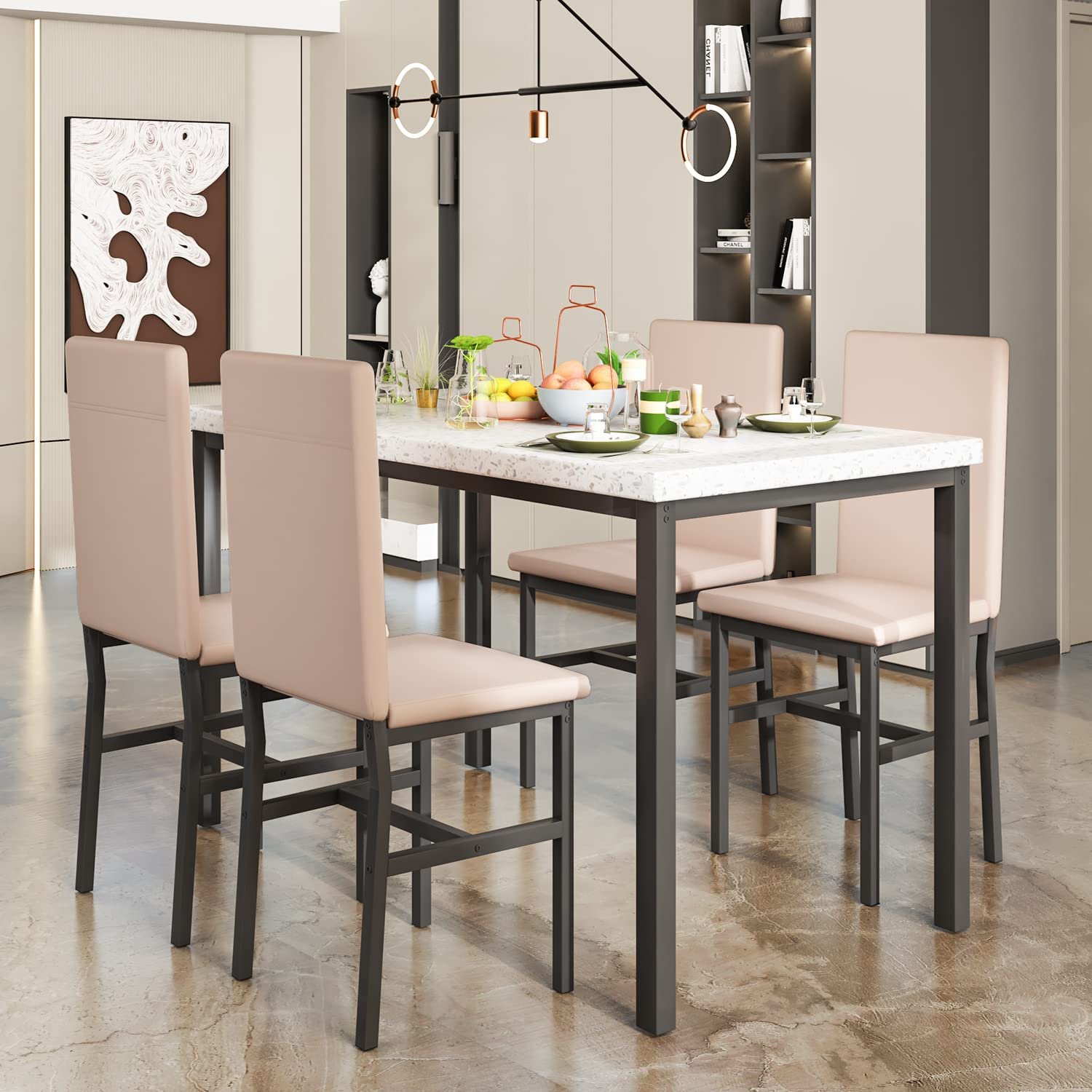Dining Table Set for 4, 5-Piece Marble Patten Dining TableSet with 4 Faux Leather Metal Frame Chairs for Kitchen