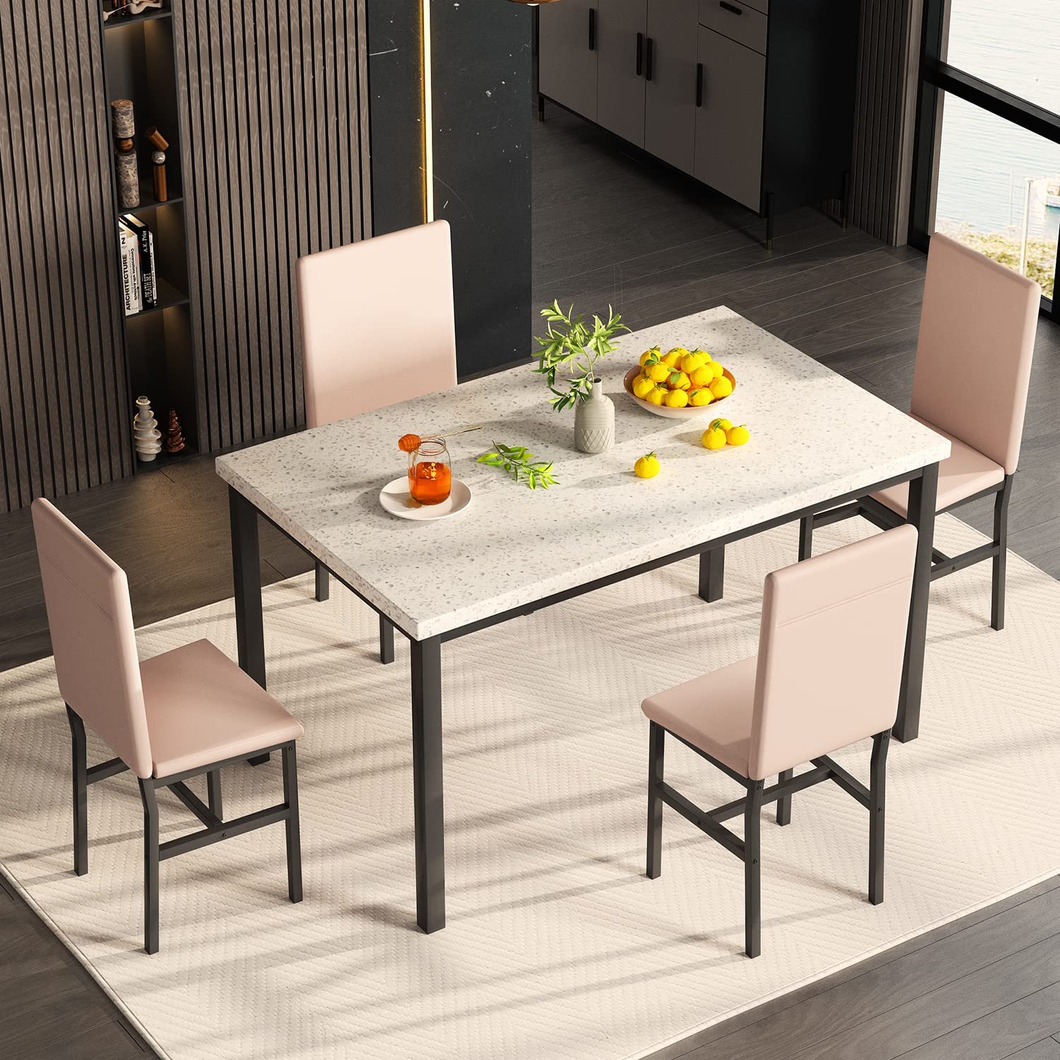 Dining Table Set for 4, 5-Piece Marble Patten Dining TableSet with 4 Faux Leather Metal Frame Chairs for Kitchen