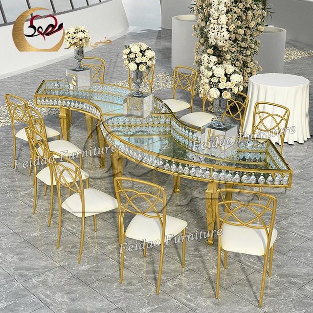Luxury Stainless Steel Legs Clear Crystal Wedding Serpentine Table Full Circle Dining Table
