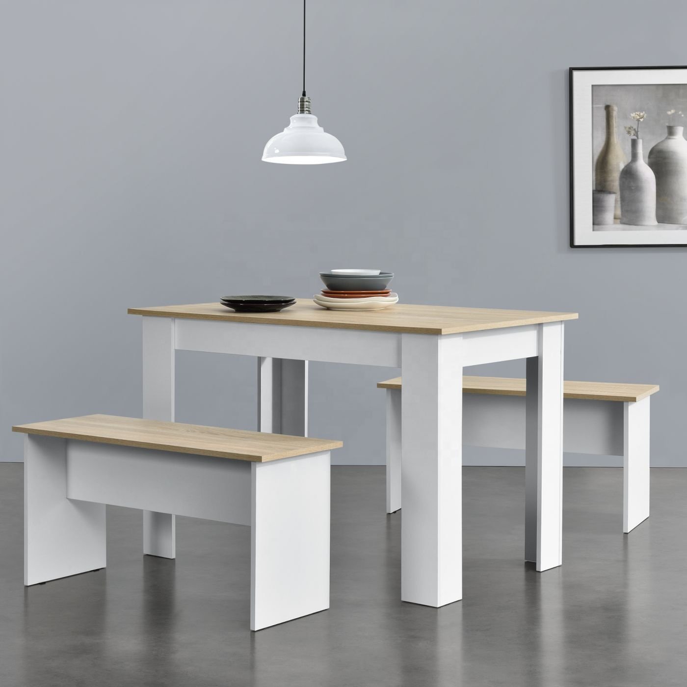 3-piece Modern Dining Table Kitchen Furniture Set with Two Benches for 4 People Home Furniture Carton Wooden Table Chair Panel