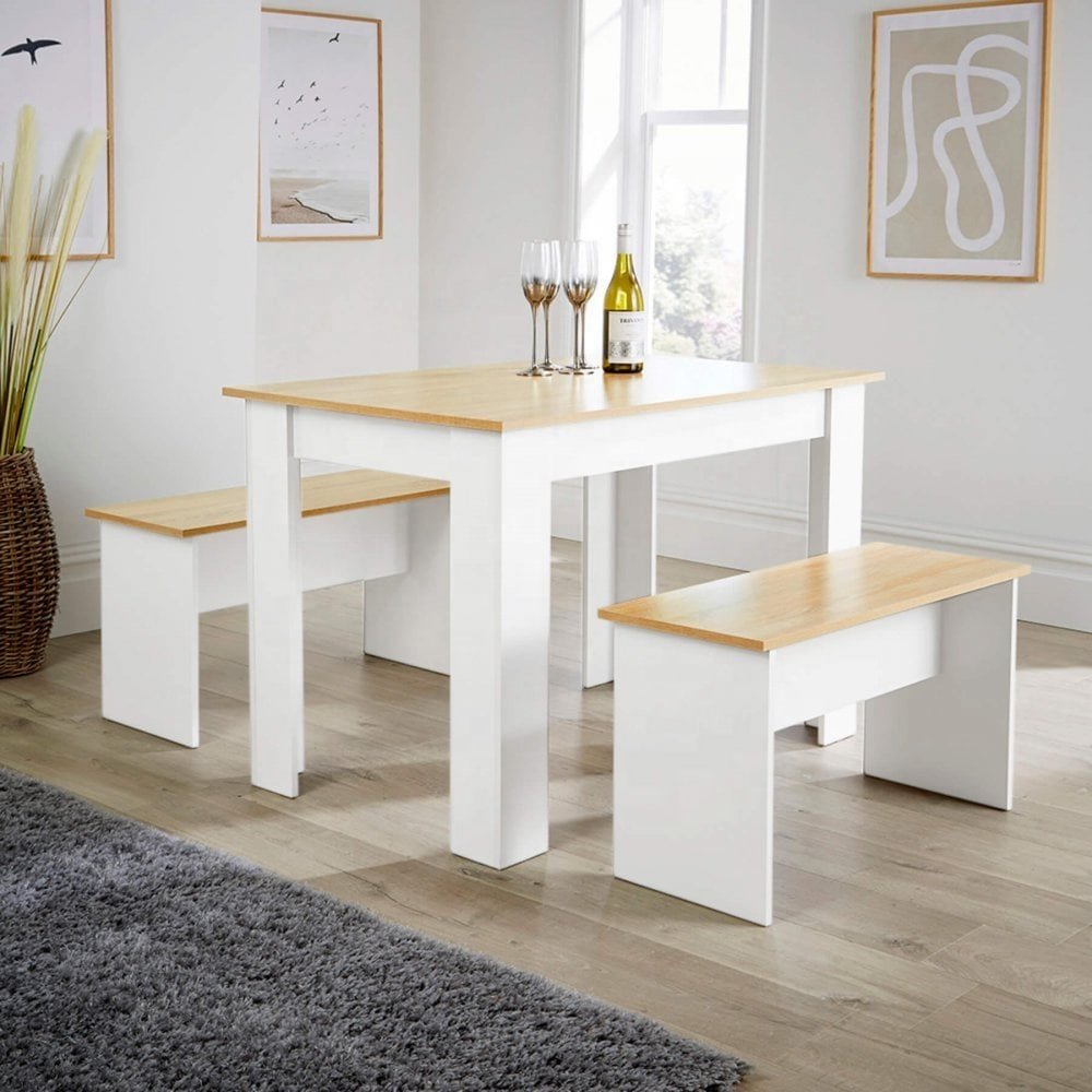 3-piece Modern Dining Table Kitchen Furniture Set with Two Benches for 4 People Home Furniture Carton Wooden Table Chair Panel