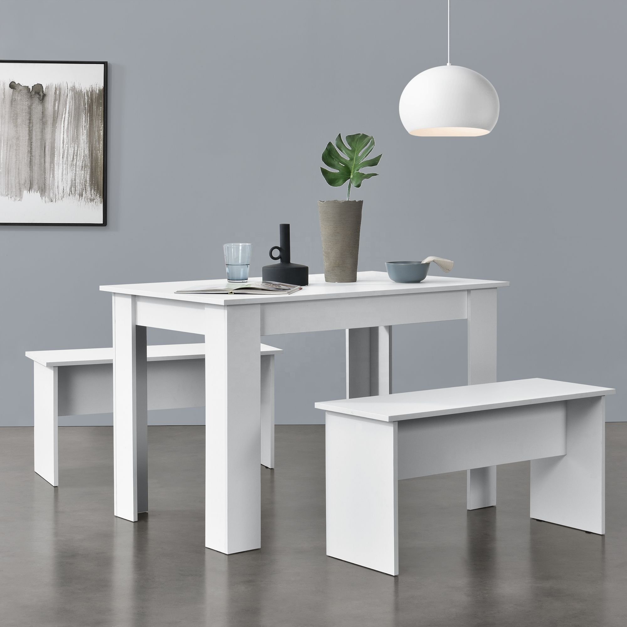 3-piece Modern Dining Table Kitchen Furniture Set with Two Benches for 4 People Home Furniture Carton Wooden Table Chair Panel