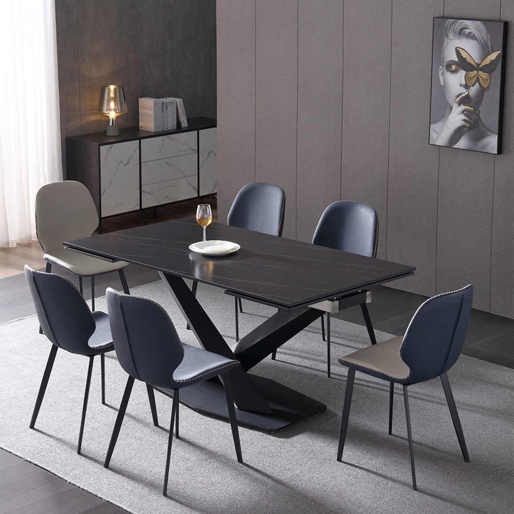 Dining Table Set 6 Chairs Dining Room Furniture Expandable Marble Wholesale Modern 8 Seater Kitchen Restaurant Square Mesa Black