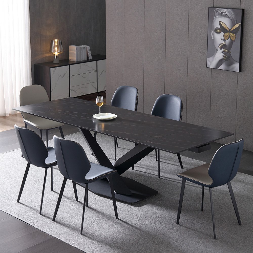 Dining Table Set 6 Chairs Dining Room Furniture Expandable Marble Wholesale Modern 8 Seater Kitchen Restaurant Square Mesa Black