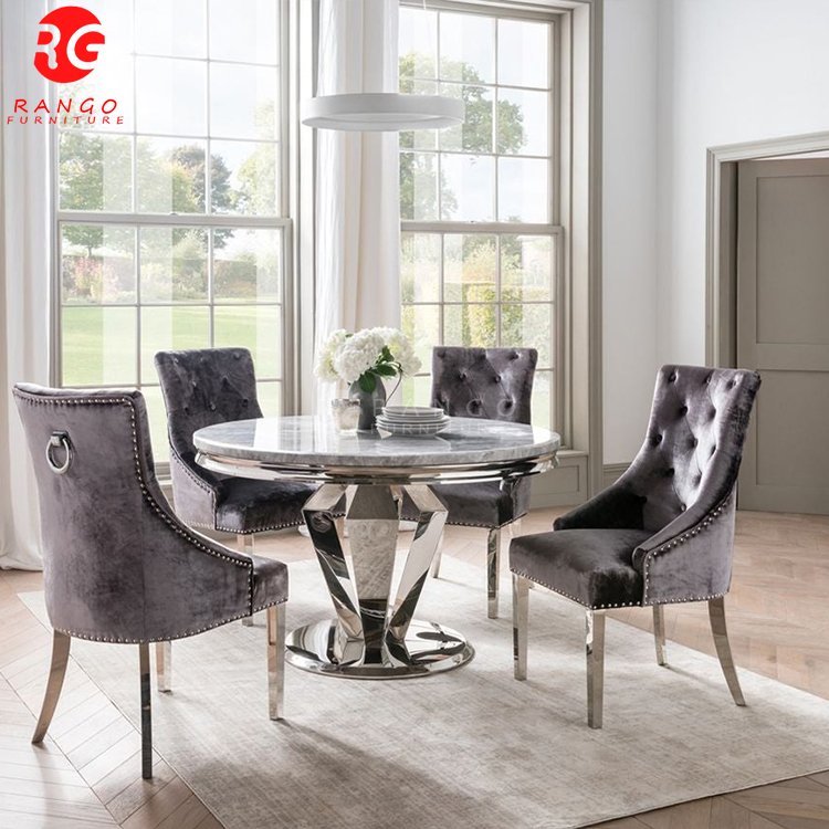 Living room furniture Arturo Round Dining Table sets Grey Marble Chrome dining room sets dinning table and 4 chairs
