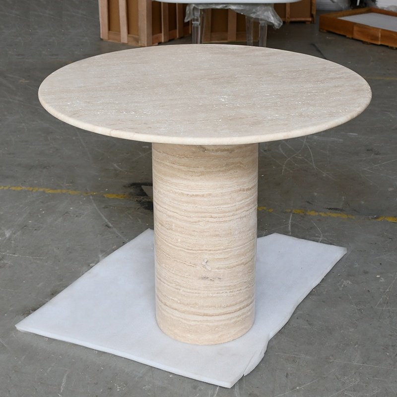 Italian natural stone round dining room table marble plinth restaurant tables modern round beige travertine dining table