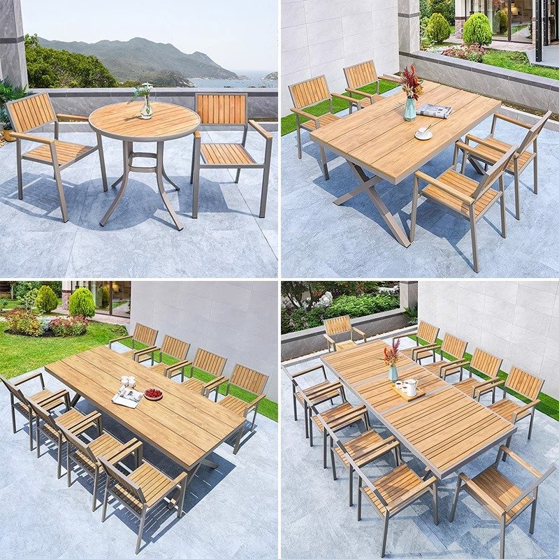 Modern Furniture Garden Patio Plastic Wood Outdoor Dining Table And Chairs Indoor Waterproof Aluminum Plastic Wood Restaurant