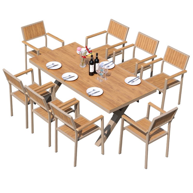 Modern Furniture Garden Patio Plastic Wood Outdoor Dining Table And Chairs Indoor Waterproof Aluminum Plastic Wood Restaurant