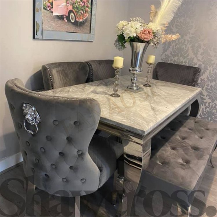 Home furniture dining room table marble hotel dining table with 4 chairs stainless steel dining table
