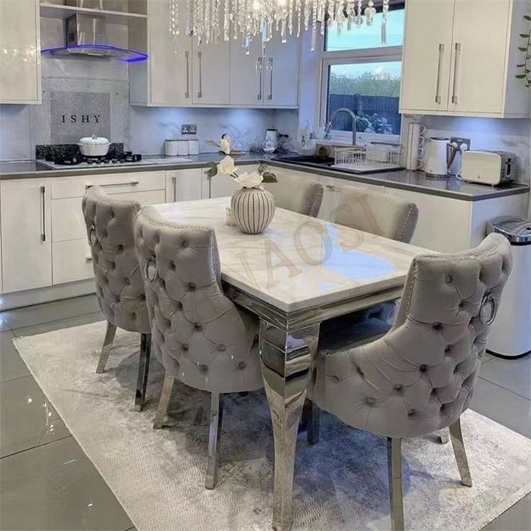 Home furniture dining room table marble hotel dining table with 4 chairs stainless steel dining table
