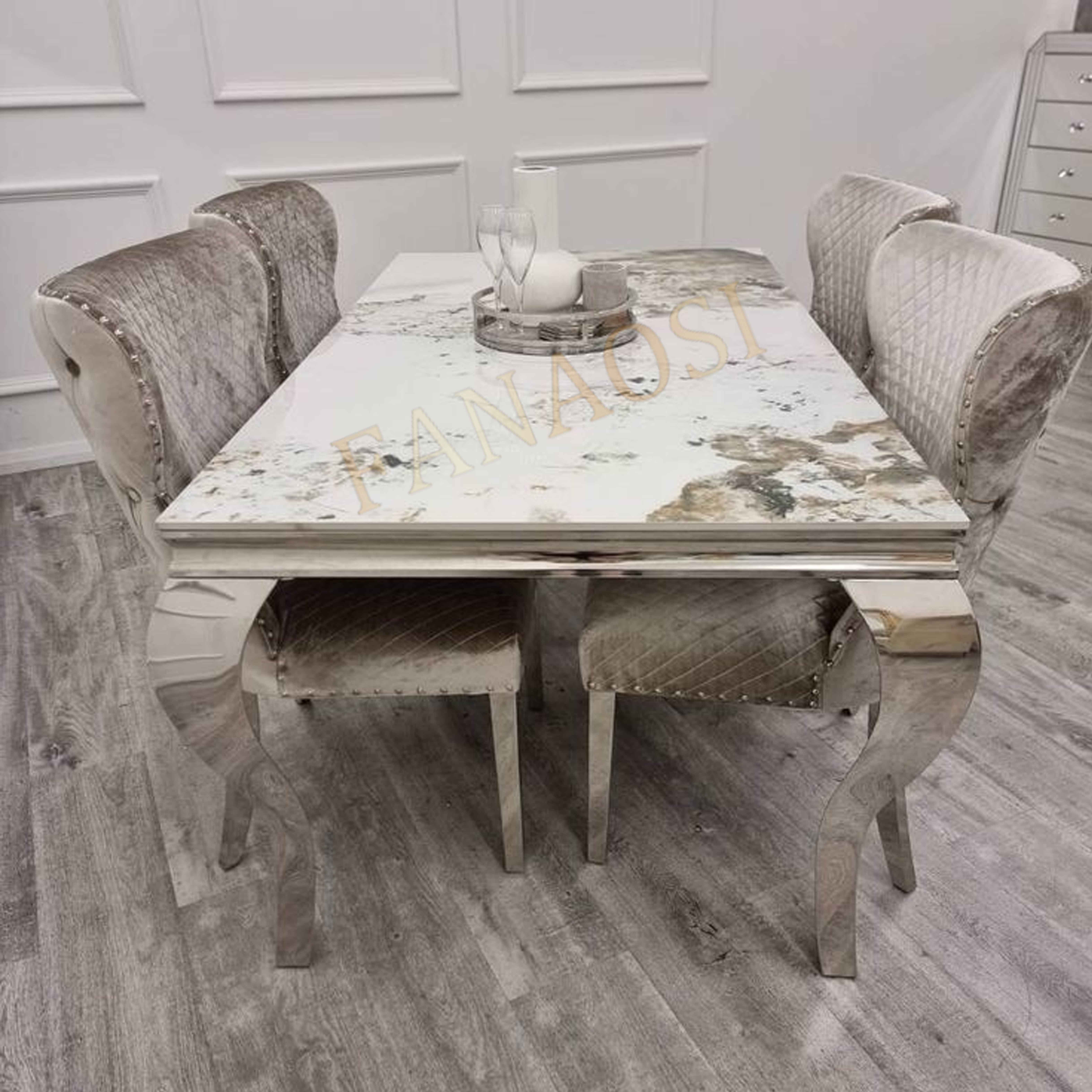 Home furniture dining room table marble hotel dining table with 4 chairs stainless steel dining table