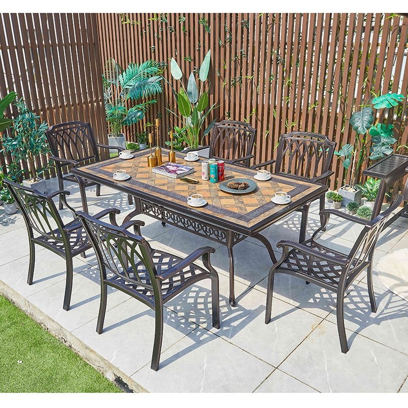 Waterproof Outdoor Party Dining Rectangular Table Furniture European Casting Aluminum Dinning Set with 6 Chairs