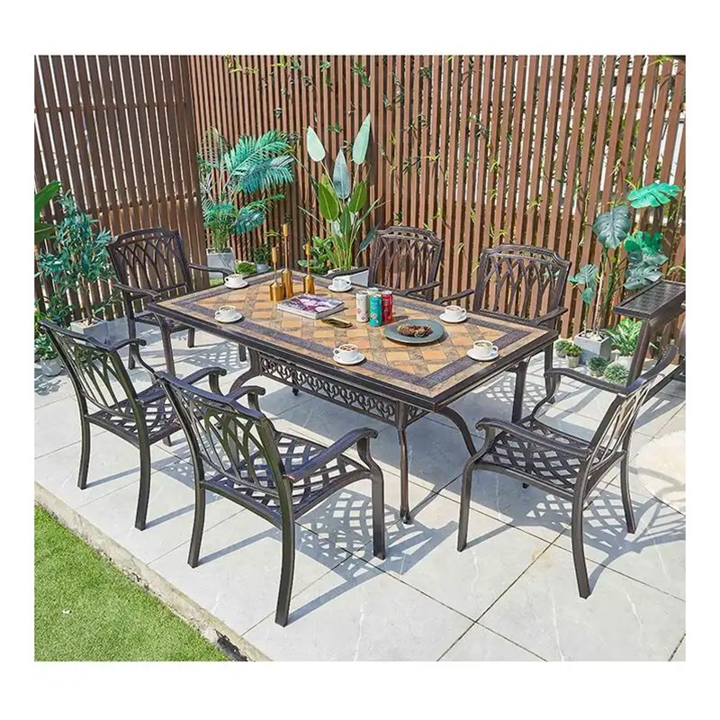 Waterproof Outdoor Party Dining Rectangular Table Furniture European Casting Aluminum Dinning Set with 6 Chairs