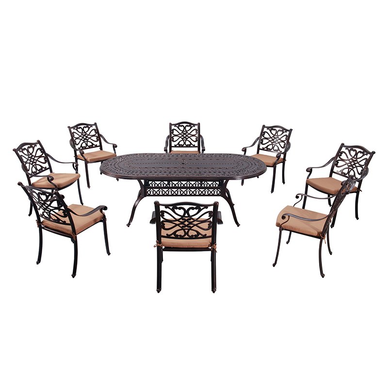 Waterproof Outdoor Party Dining Rectangular Table Furniture European Casting Aluminum Dinning Set with 6 Chairs