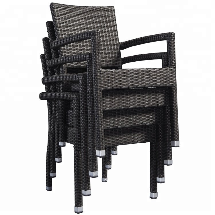 Modern Black Patio Cafe Furniture 7 Piece Wicker Set Rattan Aluminum Outdoor Garden Porch Dining Table and 6 Seater Chairs