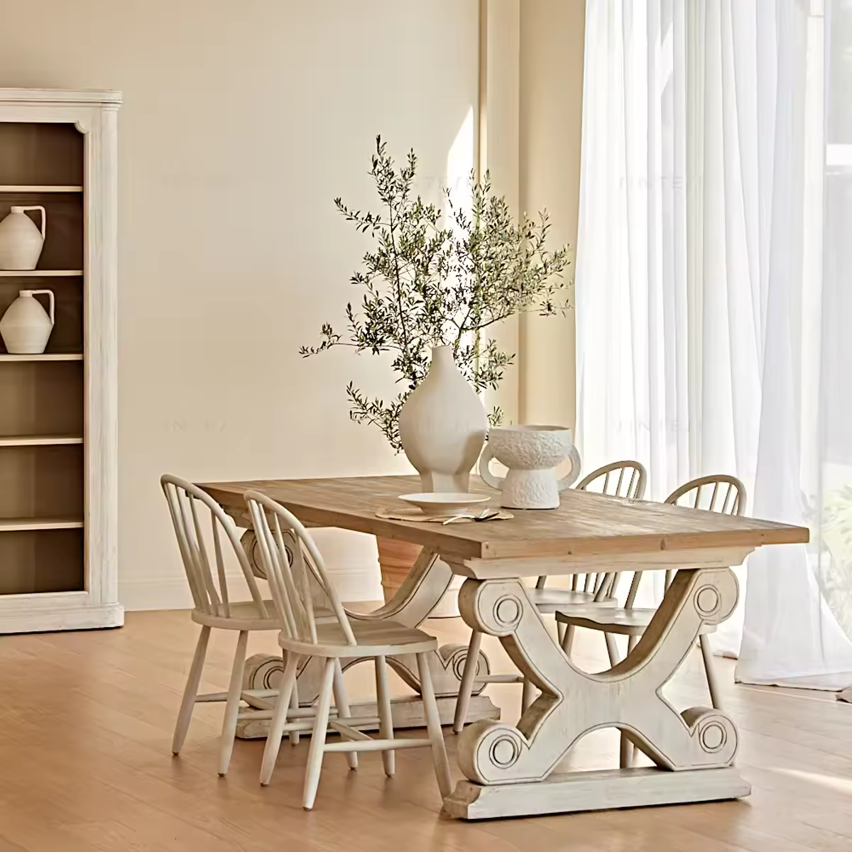 Nordic Style Solid Recycled Pine Birch Wood 6-Seater Rectangle Dining Table Set for Farmhouse Kitchen Dining Room Hotels Halls