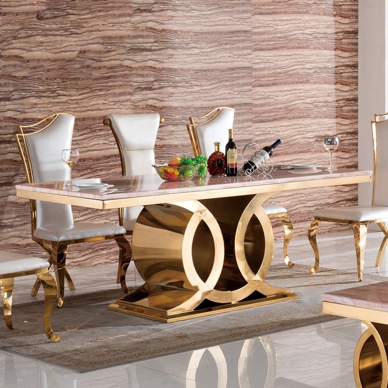 Luxury gold Metal furniture sets marble dinning table and chairs for restaurant home living room dining room
