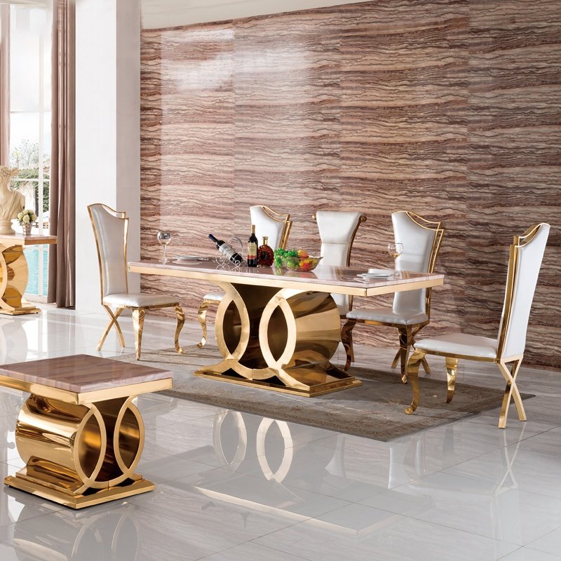 Luxury gold Metal furniture sets marble dinning table and chairs for restaurant home living room dining room