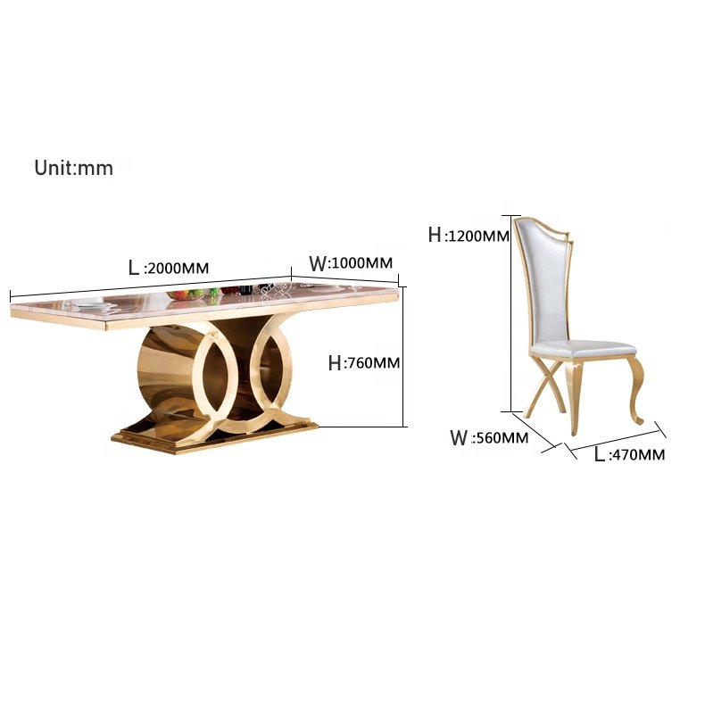 Luxury gold Metal furniture sets marble dinning table and chairs for restaurant home living room dining room