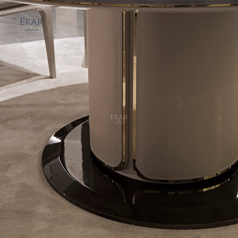 Metallic Allure: Vintage Brass Base Crystal Steel Dining Table
