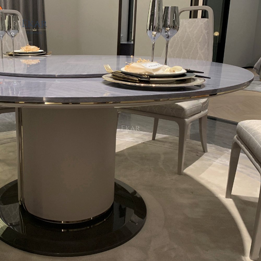 Metallic Allure: Vintage Brass Base Crystal Steel Dining Table