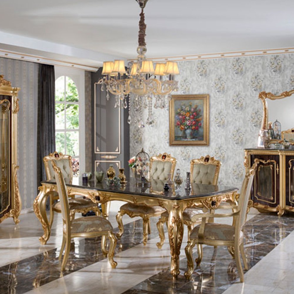 Classic Wood Carving Workmanship Dinner Set Royal Family Room Furniture 6 Seater Dining Table With Chairs