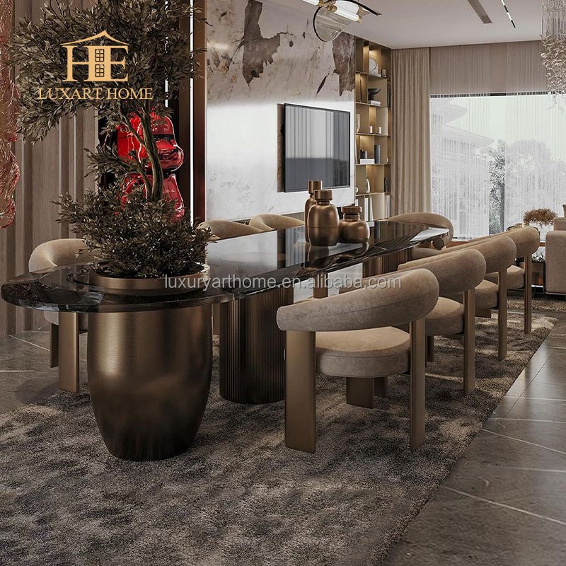 Factory customization high quality luxury big dining table modern bronze stainless steel glass dining table and 10 dining chairs