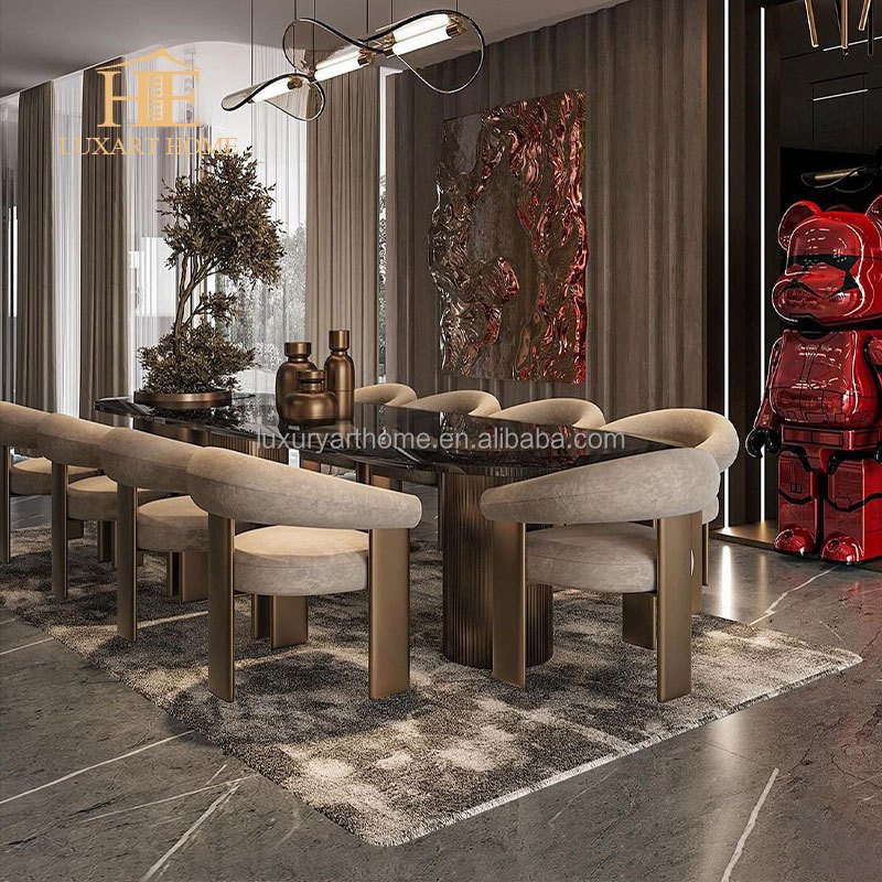 Factory customization high quality luxury big dining table modern bronze stainless steel glass dining table and 10 dining chairs